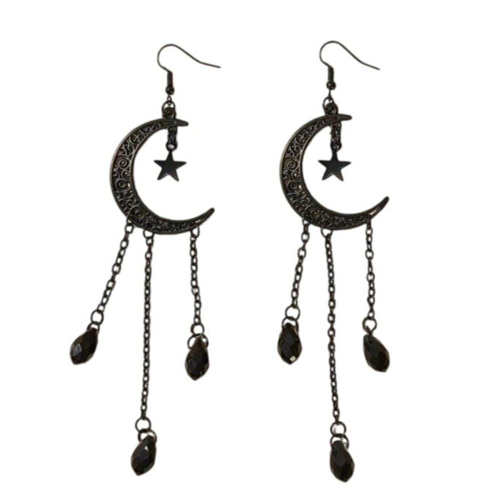 ROMWE Crescent Moon Shaped Hollow Out Stars Tassel Pendant Earrings Whimsygoth - Picture 1 of 5